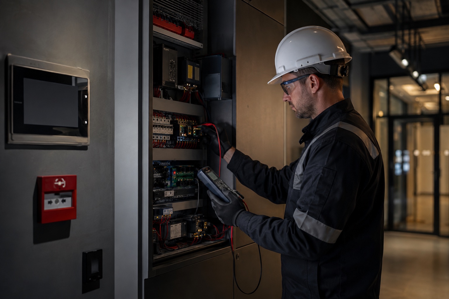 Facilities engineer testing an electrical control panel