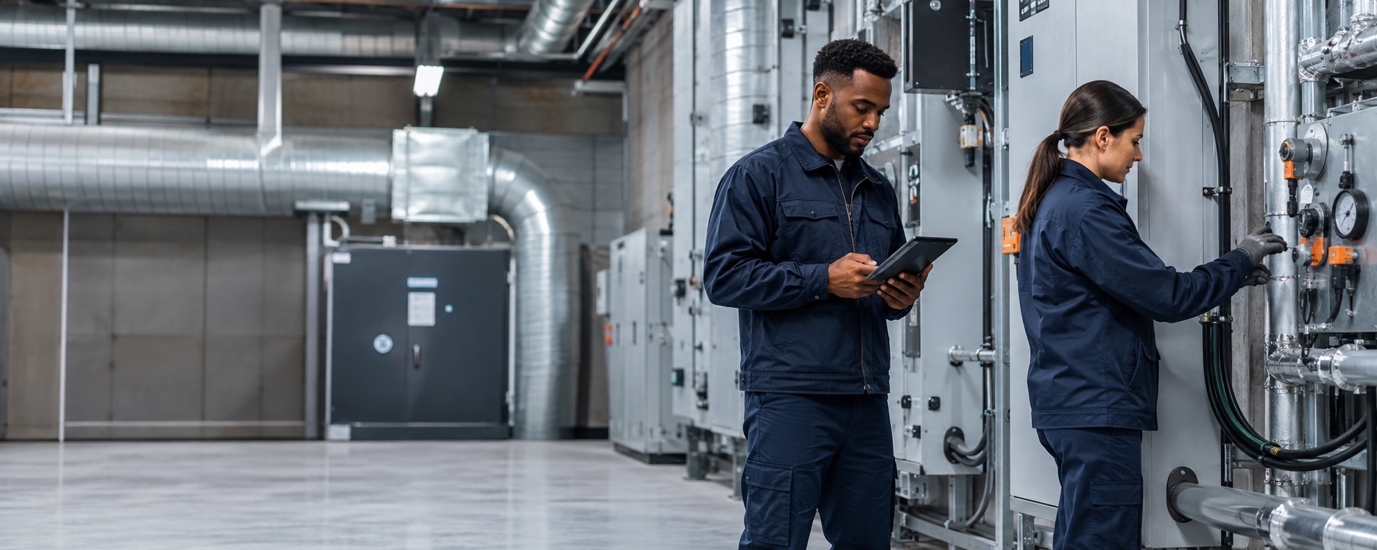 Facilities engineers inspecting a modern plant room